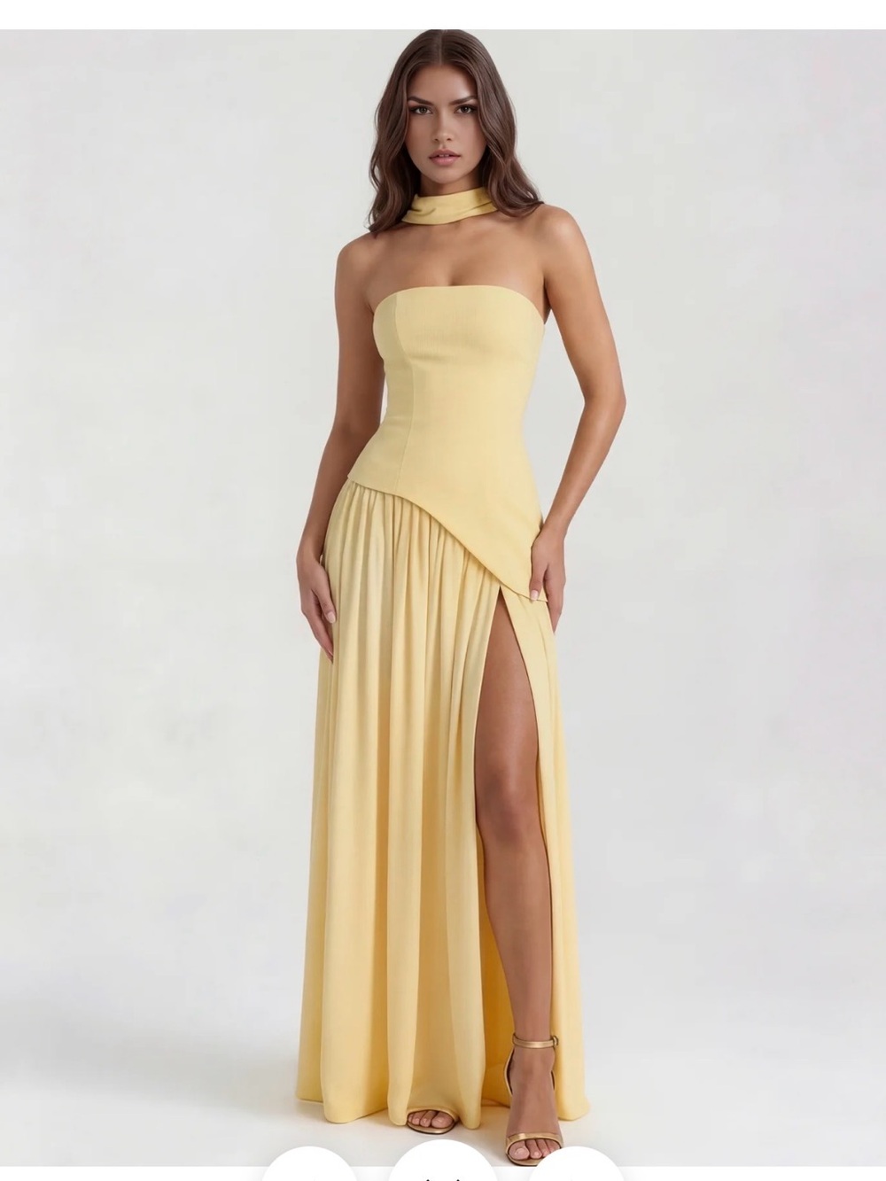 Yellow Strapless Chiffon Evening Gown with High Slit